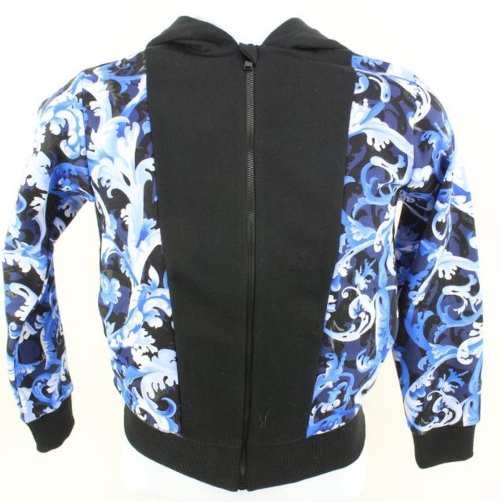 Versace Size 10A Boy's Black Blue Baroque Zip Up Hoodie Sweatshirt Kids 124v6